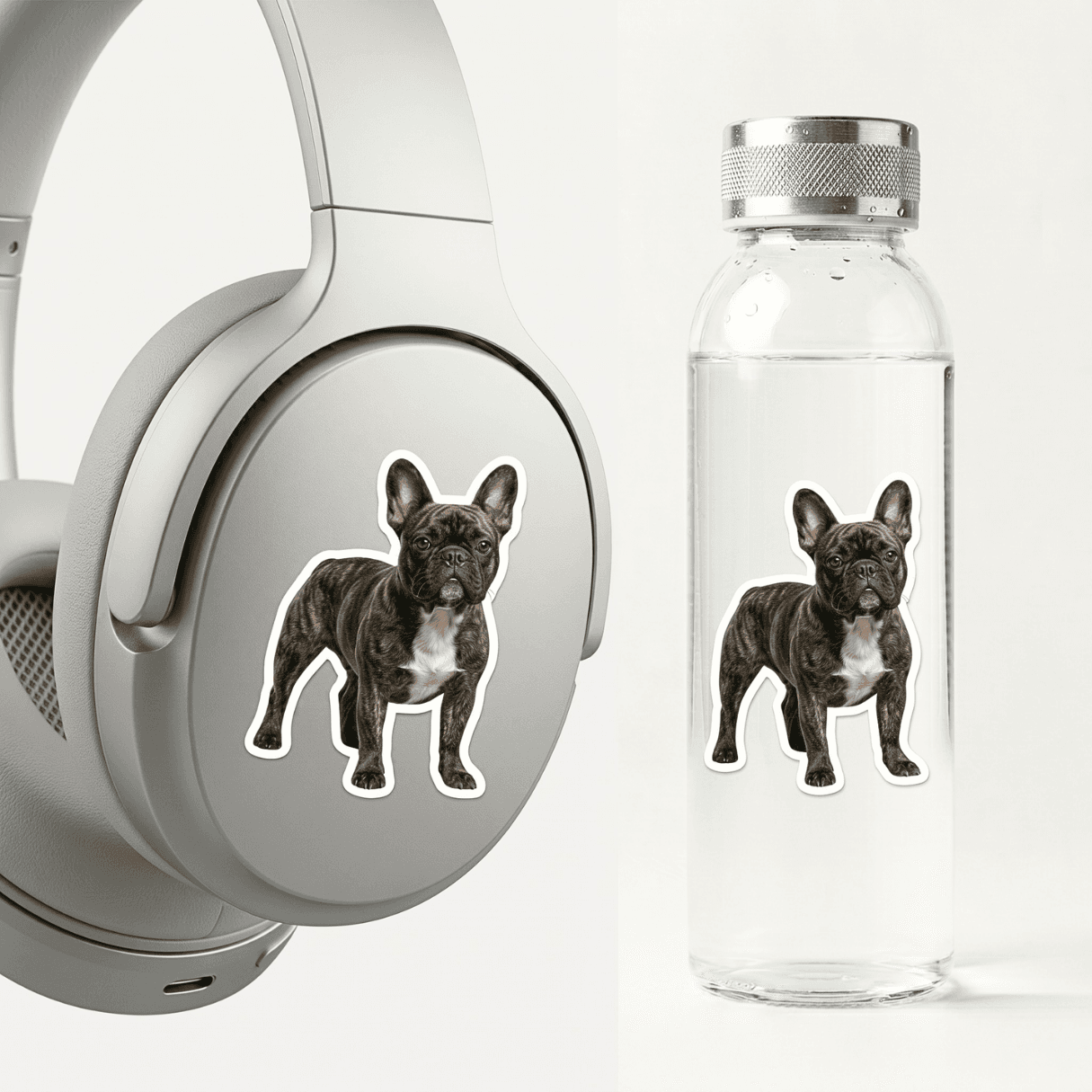 Headphones and water bottle with Woofyful custom stickers