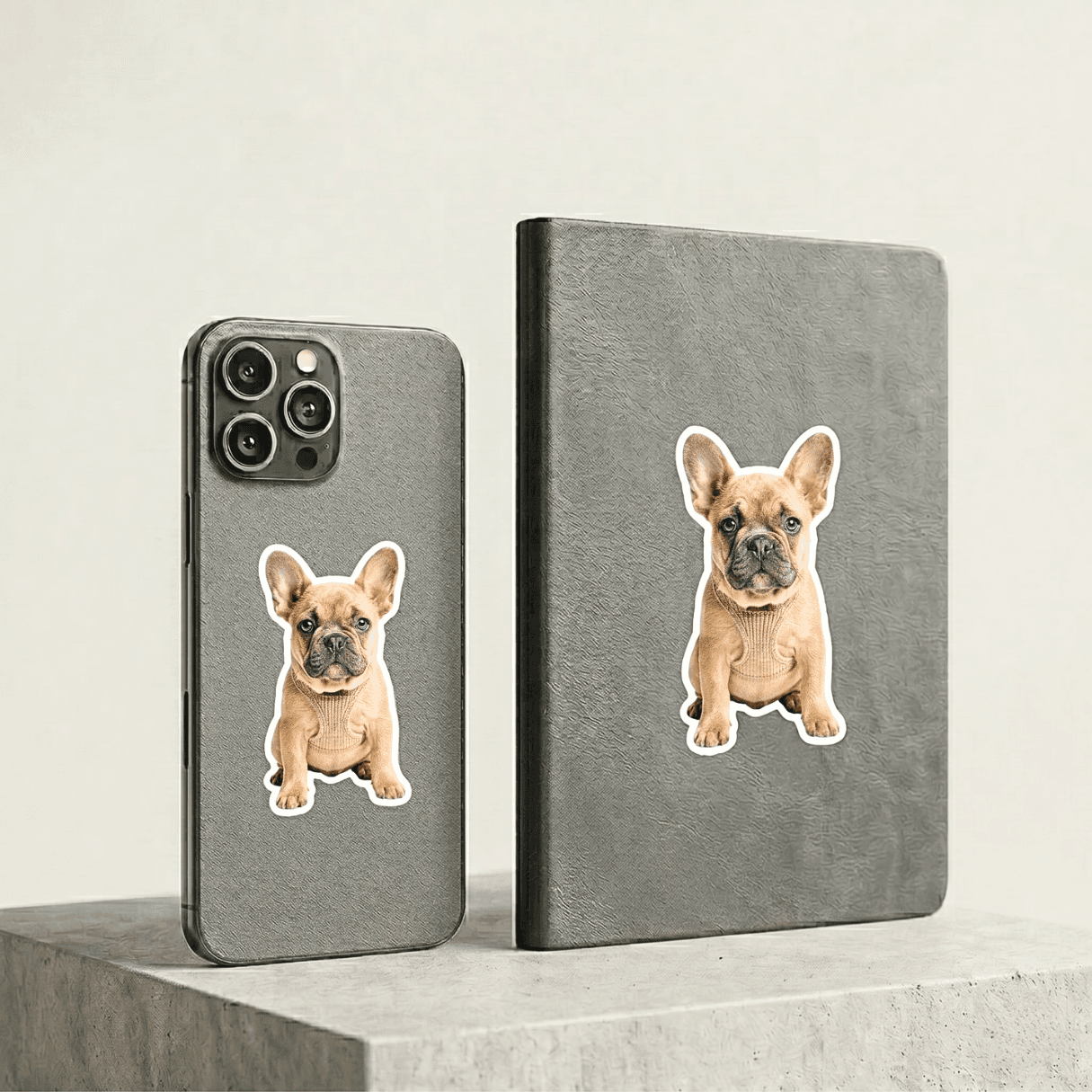 Phone and notebook with Woofyful custom stickers