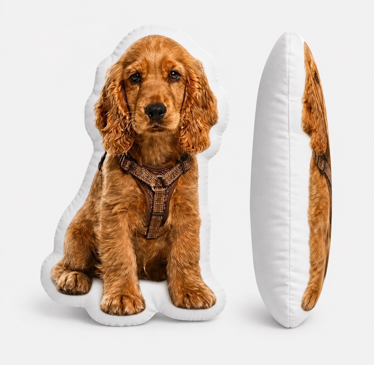 Custom Cocker Spaniel shaped pillow, front and side