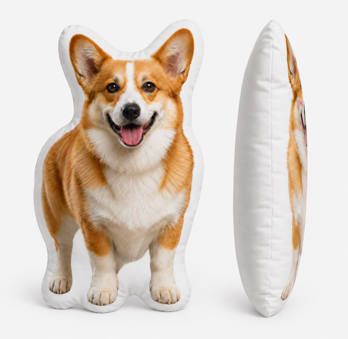 Custom Corgi shaped pillow, front and side