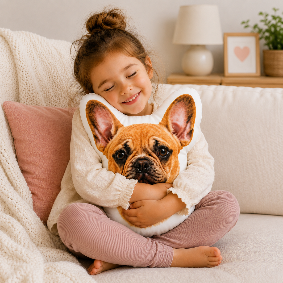 Child hugging a custom French Bulldog shaped pillow