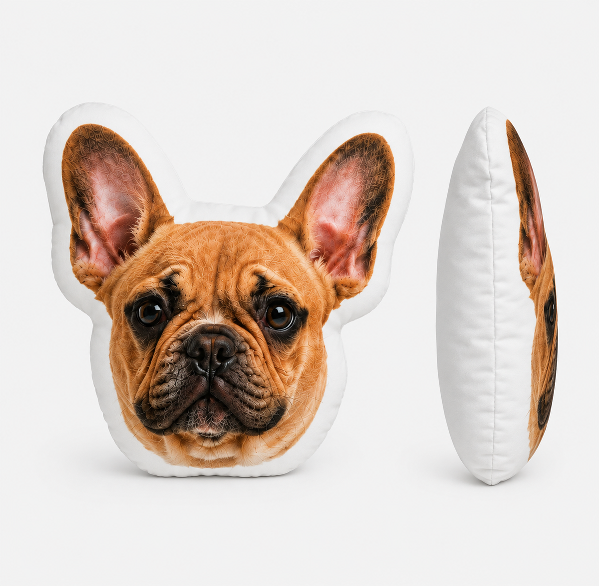 Custom French Bulldog shaped pillow, front and side