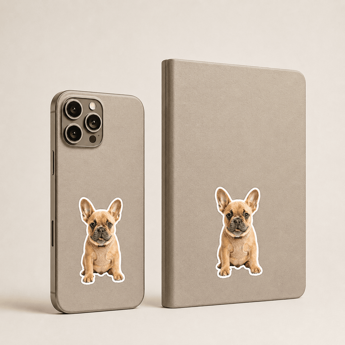 Phone and notebook with Woofyful custom stickers